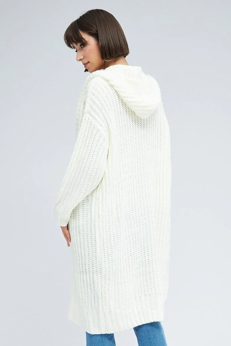 White Oversized Longline Cardigan Hooded