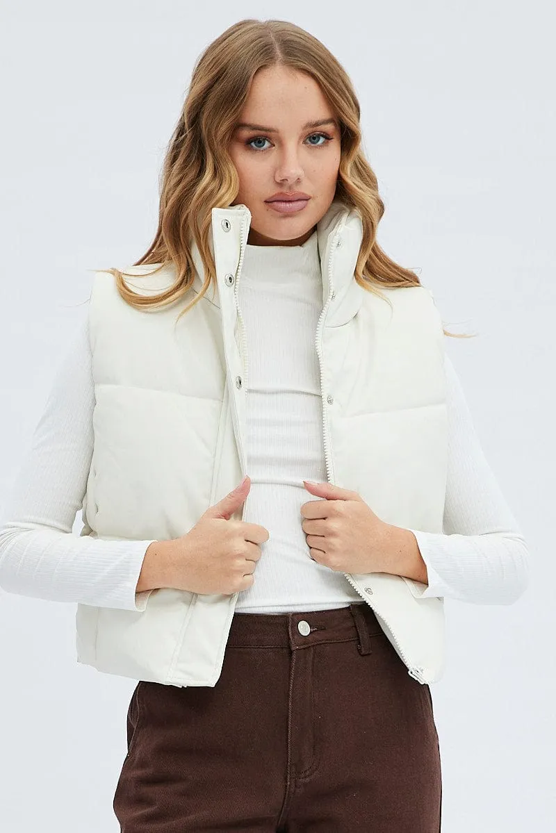 White Puffer Zip Sleeveless  Faux Leather