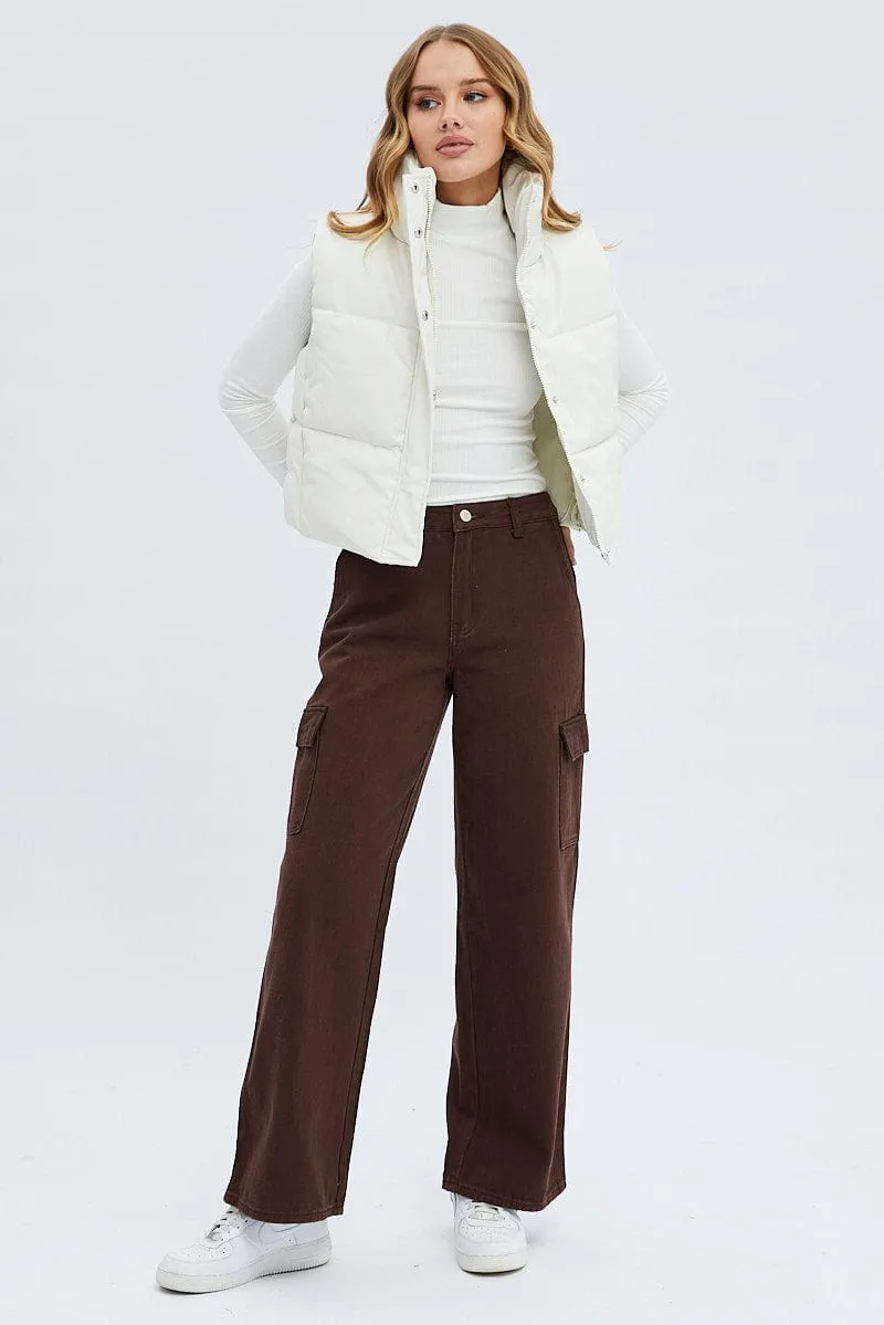 White Puffer Zip Sleeveless  Faux Leather