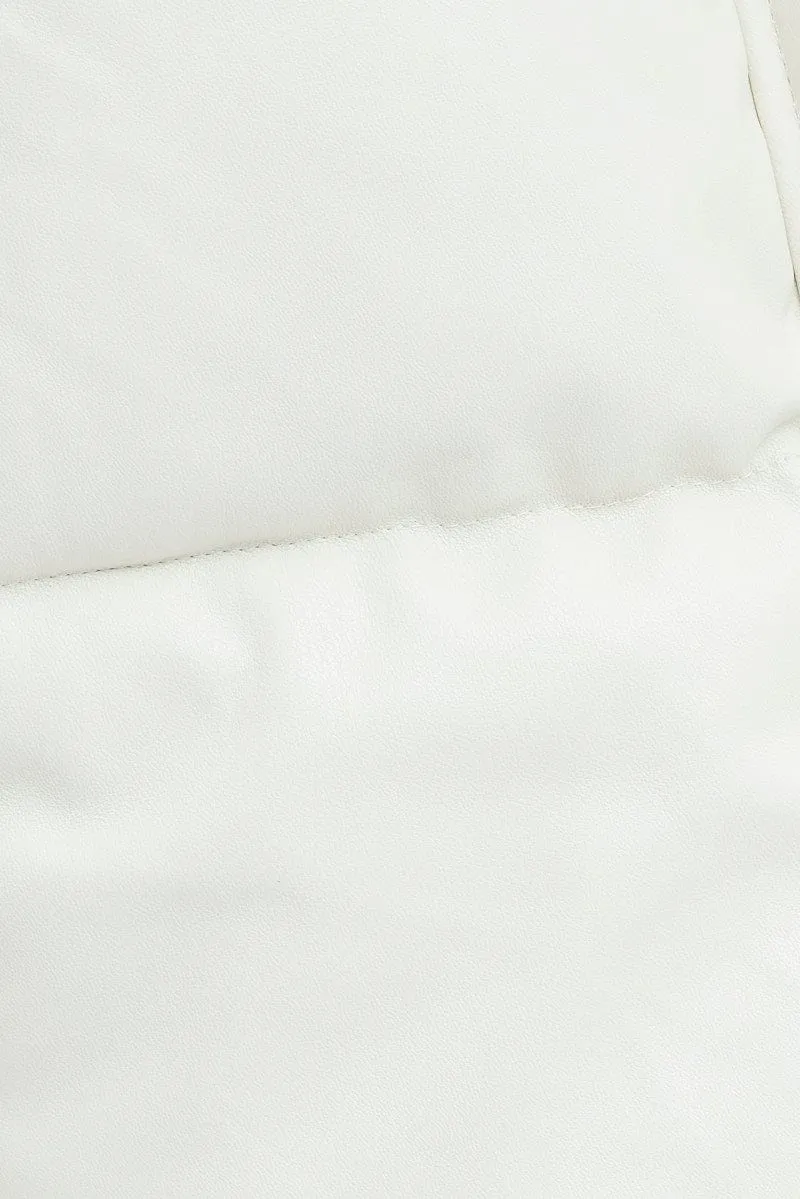 White Puffer Zip Sleeveless  Faux Leather