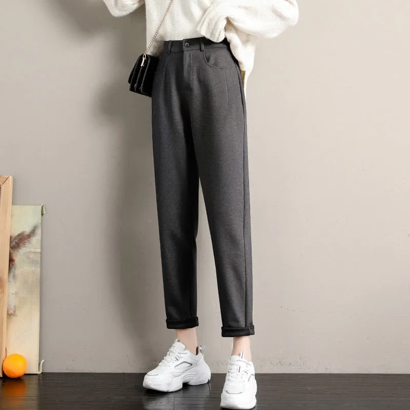 Wjczt New Fashion Korean Woolen Harlan Loose Daddy Pants Women'S 2022 Autumn And Winter Leisure High Waist Nine Point Radish Trousers