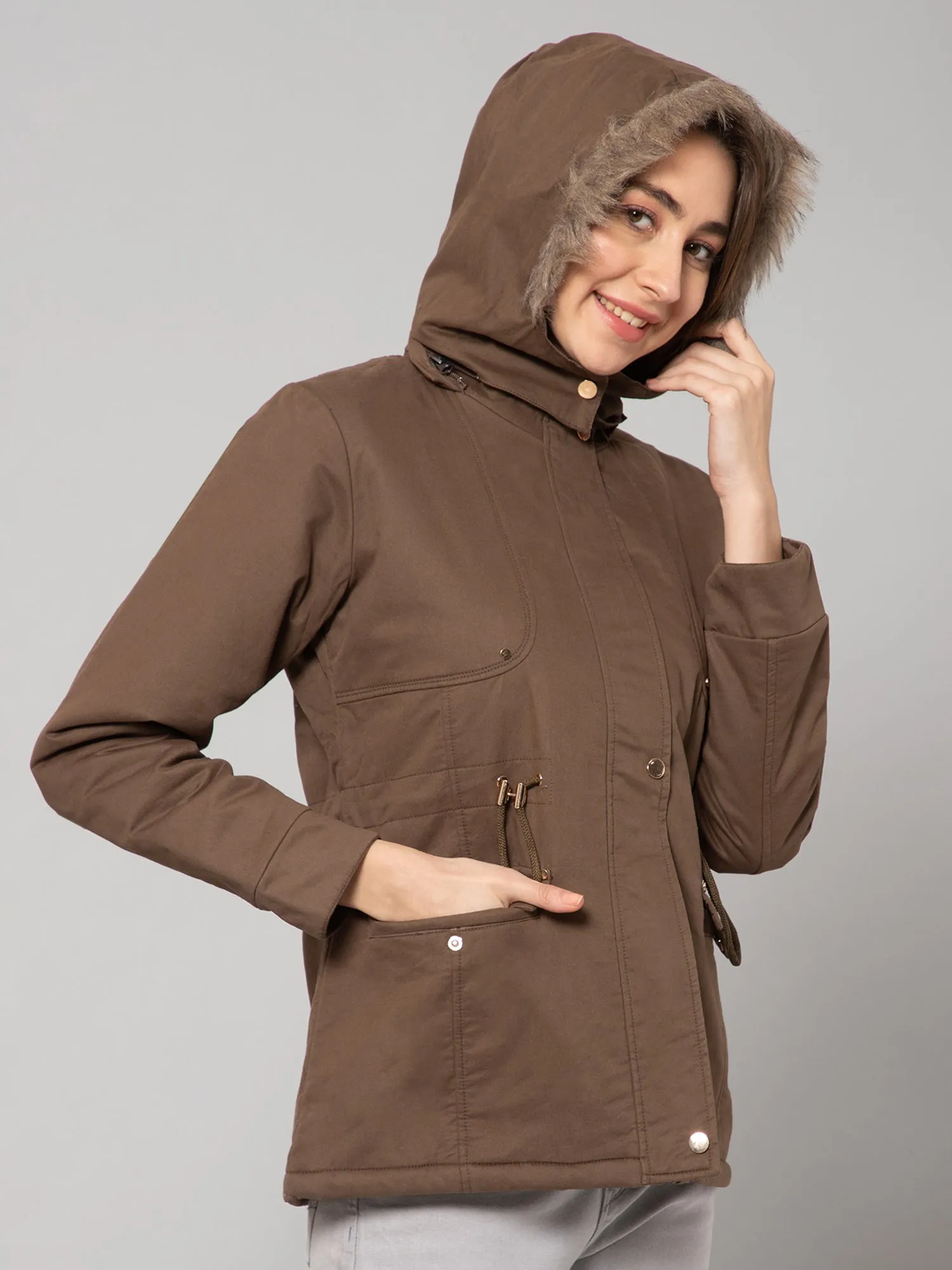 Women's Casual  Mouse Green Non quilted Detachable Hood with Faux Fur trim Jacket
