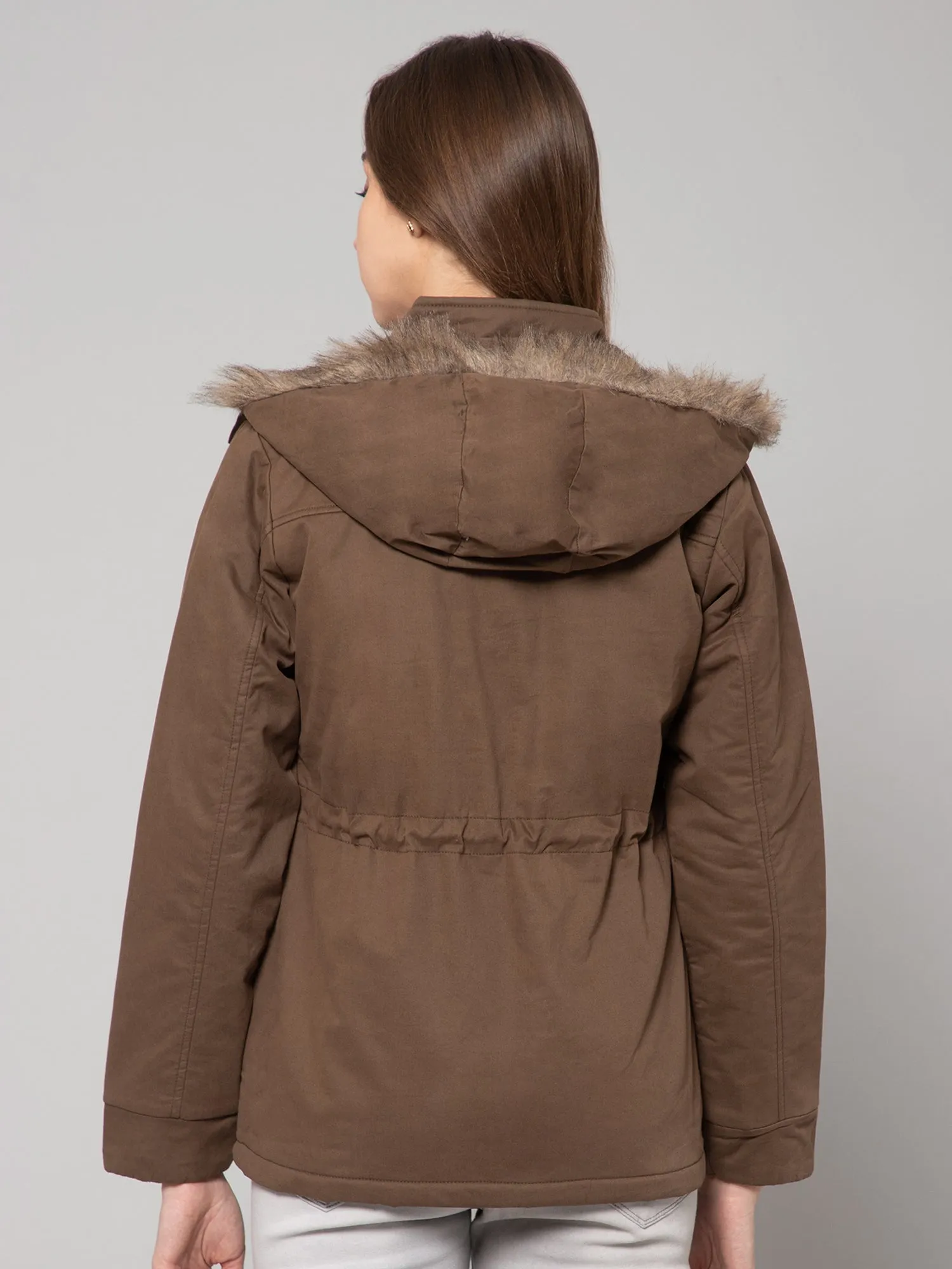 Women's Casual  Mouse Green Non quilted Detachable Hood with Faux Fur trim Jacket