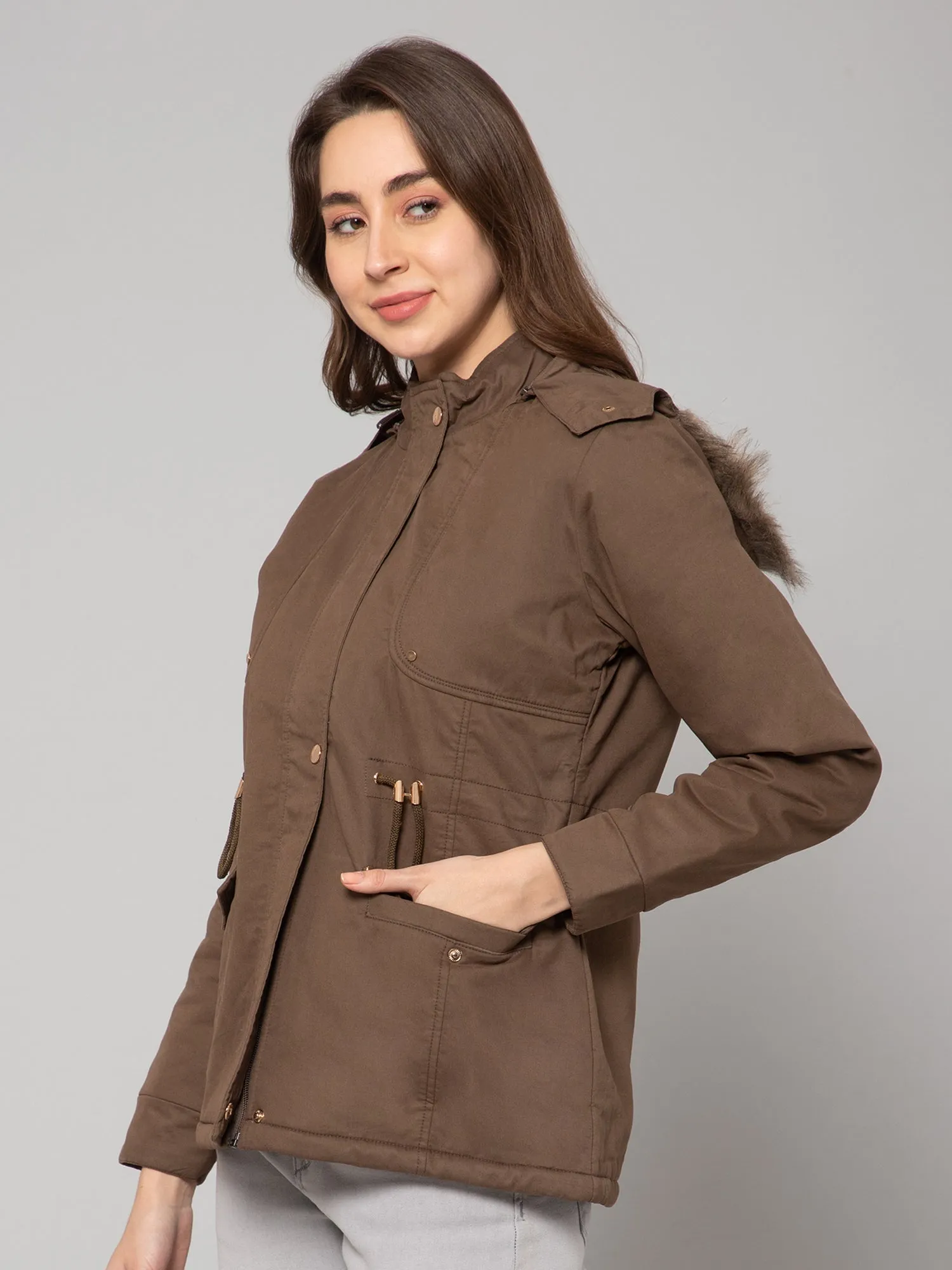 Women's Casual  Mouse Green Non quilted Detachable Hood with Faux Fur trim Jacket