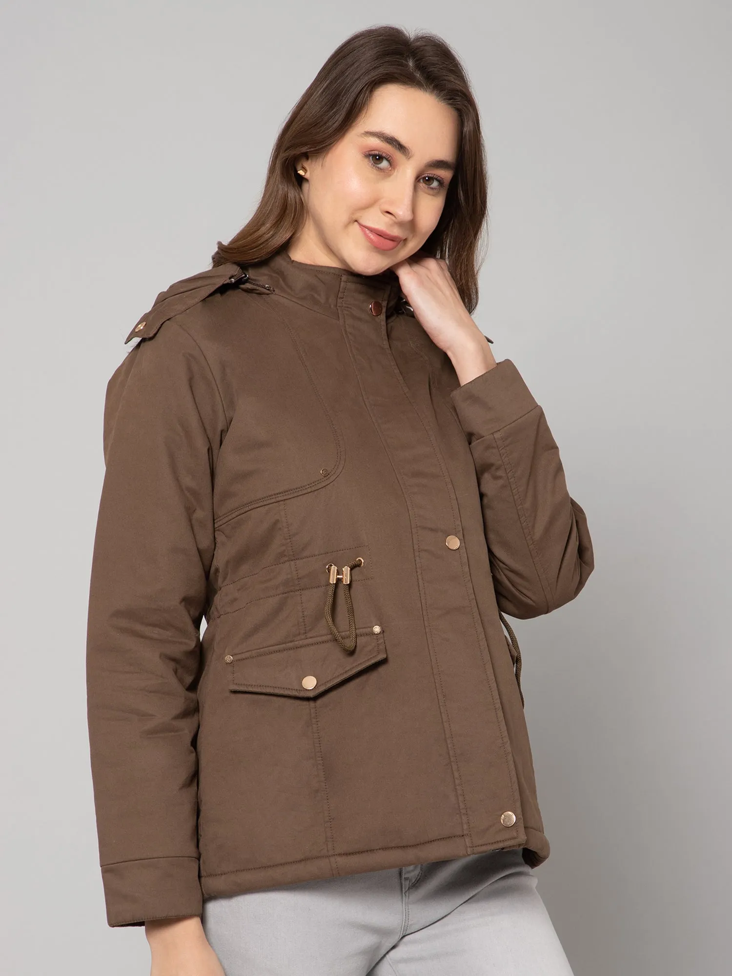 Women's Casual  Mouse Green Non quilted Detachable Hood with Faux Fur trim Jacket