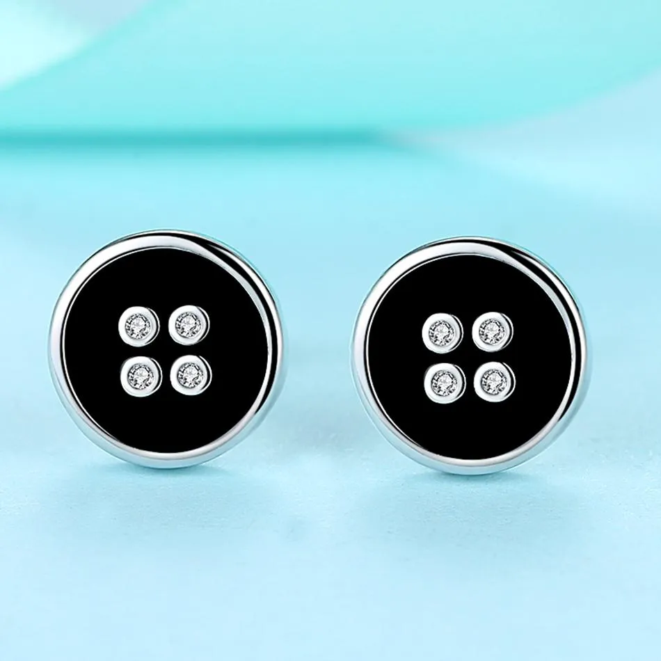 YE3146 925 Sterling Silver Black Enamel Button Earrings