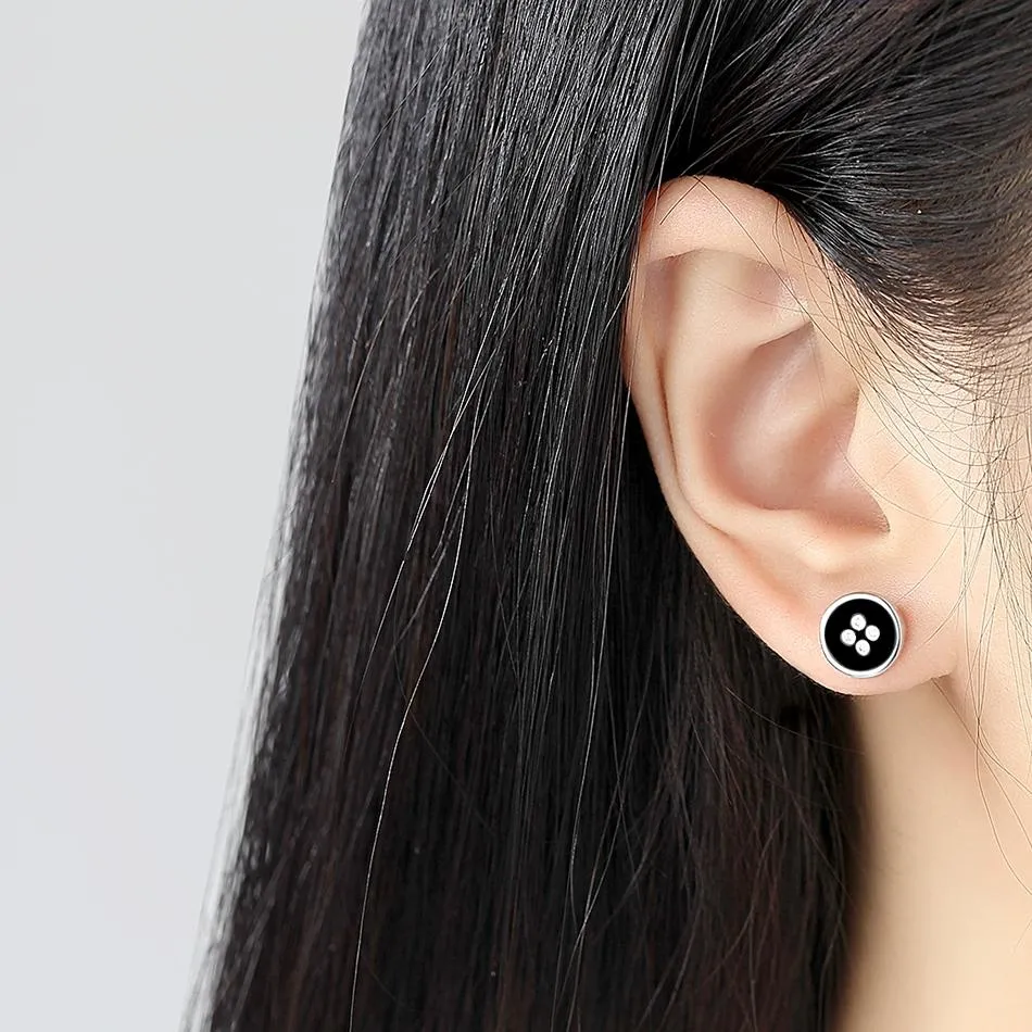 YE3146 925 Sterling Silver Black Enamel Button Earrings