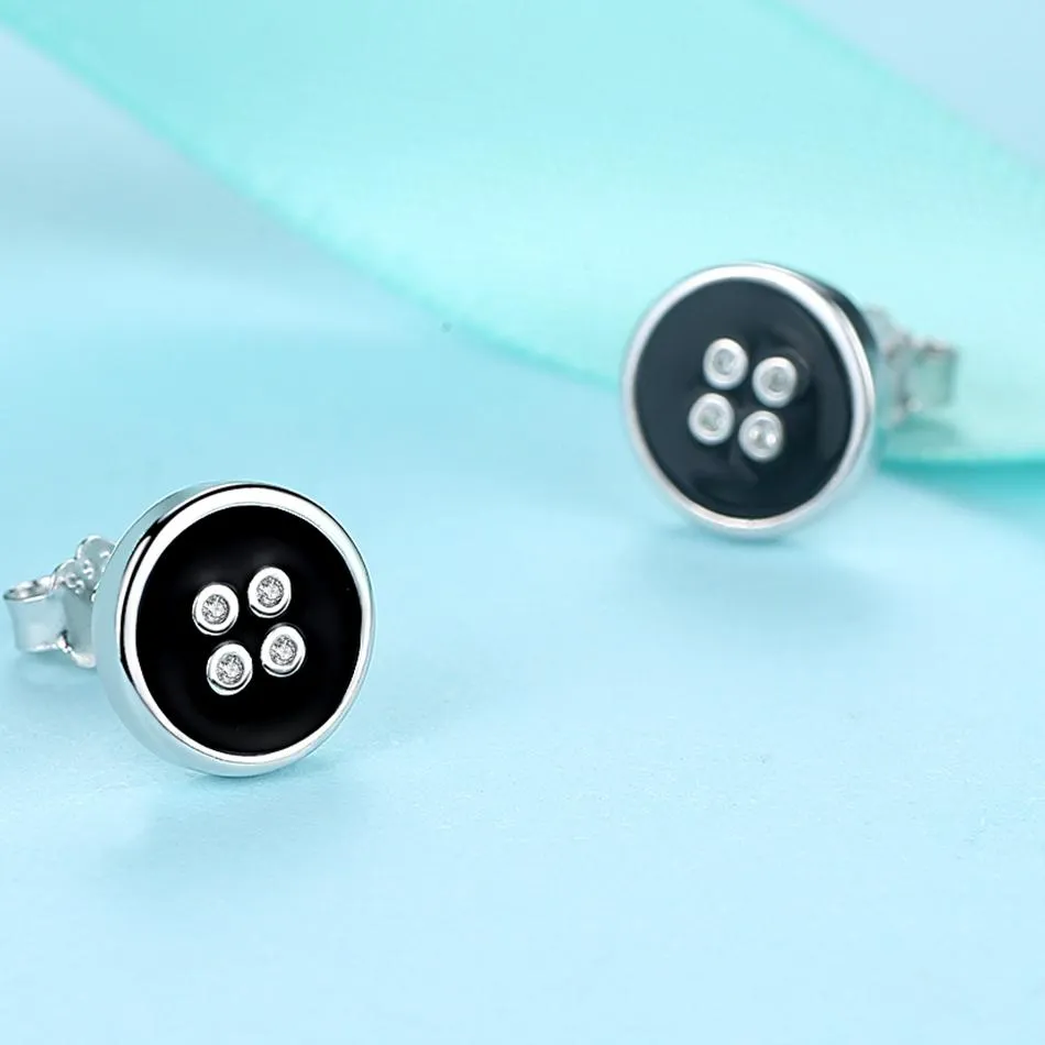 YE3146 925 Sterling Silver Black Enamel Button Earrings